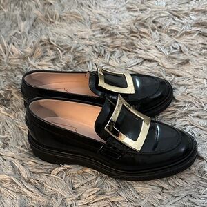 Roger Vivier Black Loafers with Gold Buckle